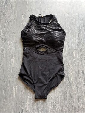 High-Neck Black Leotard with Mesh Zebra Accent